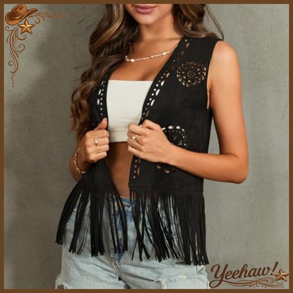 Faux Suede Fringe Vest Open Front Western Tassels 70s Boho Cardigan - Picture 3 of 4
